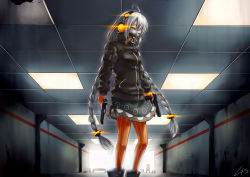 Rule 34 | 1girl, ahoge, black coat, black dress, blue eyes, boots, bracelet, braid, coat, commentary, contrapposto, covered mouth, dress, dual wielding, feet out of frame, fingerless gloves, glint, gloves, glowing, grey hair, gun, hair tubes, hallway, headphones, high collar, highres, holding, holding gun, holding weapon, indoors, jewelry, kizuna akari, lace, lace-trimmed dress, lace trim, long hair, looking at viewer, not makigai, orange gloves, orange pantyhose, pantyhose, sign, solo, standing, striped clothes, striped pantyhose, traffic cone, twin braids, very long hair, vocaloid, voiceroid, warning sign, weapon