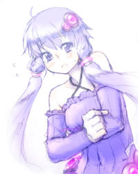 Rule 34 | 1girl, :o, bare shoulders, blush, detached sleeves, dutch angle, embarrassed, graphite (medium), hair ornament, low twintails, mixed media, okaemon, purple eyes, purple hair, solo, tears, traditional media, twintails, vocaloid, voiceroid, yuzuki yukari