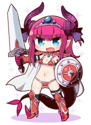 Rule 34 | 1girl, armor, bikini armor, black thighhighs, blue eyes, blush, breasts, capelet, chibi, elizabeth bathory (fate), elizabeth bathory (fate/extra ccc), elizabeth bathory (halloween caster) (fate), fate/grand order, fate (series), full body, holding, holding shield, holding sword, holding weapon, horns, long hair, looking at viewer, naga u, navel, open mouth, pink hair, pointy ears, shield, small breasts, smile, solo, sword, thighhighs, v-shaped eyebrows, weapon
