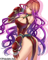 Rule 34 | 1girl, armor, bare shoulders, breasts, claws, cleavage, elbow gloves, finger to mouth, gloves, gradient hair, kawagoe pochi, looking at viewer, multicolored hair, original, pink hair, purple hair, sangoku infinity, smile, solo, thighs, yellow eyes, zhao lei (sangoku infinity)