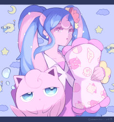 Rule 34 | 1girl, :o, absurdres, blue hair, cloud, colored eyelashes, creatures (company), crescent moon, earrings, fairy miku (project voltage), flower, game freak, gen 1 pokemon, gen 2 pokemon, ha01ru28, hair flower, hair ornament, hatsune miku, highres, jewelry, jigglypuff, light blue hair, long hair, mareep, moon, multicolored hair, neckerchief, nintendo, open mouth, pearl earrings, pearl hair ornament, pink eyes, pink hair, pink shirt, pokemon, project voltage, red flower, shirt, star (symbol), twintails, two-tone hair, vocaloid, white neckerchief, yellow flower