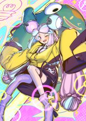 Rule 34 | 1girl, ;d, bellibolt, blue hair, blush, boots, character hair ornament, commentary request, creatures (company), game freak, hair ornament, highres, iono (pokemon), jacket, kakashino kakato, long hair, multicolored hair, nintendo, one eye closed, open mouth, pantyhose, pokemon, pokemon (creature), pokemon sv, purple eyes, purple footwear, purple hair, purple pantyhose, sharp teeth, shirt, single leg pantyhose, sleeveless, sleeveless shirt, sleeves past fingers, sleeves past wrists, smile, solo, teeth, thigh strap, tongue, two-tone hair, yellow jacket