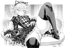Rule 34 | 1girl, animal ears, ass, black dress, blush, bow, bowtie, breasts, cup, dress, fake animal ears, frilled dress, frills, gluteal fold, gothic lolita, lolita fashion, long sleeves, looking at viewer, micro panties, mogudan, monochrome, one-punch man, panties, partially visible vulva, pussy, pussy peek, short hair, small breasts, solo, tatsumaki, teacup, teapot, thick thighs, thighhighs, thighs, underwear