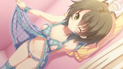 Rule 34 | 1girl, aoyagi natsuya, babydoll, breasts, brown hair, crotchless, crotchless panties, female pubic hair, game cg, green eyes, kouguchi moto, lingerie, looking at viewer, navel, nippleless clothes, nipples, one eye closed, otome switch, panties, pubic hair, small breasts, smile, solo, underwear