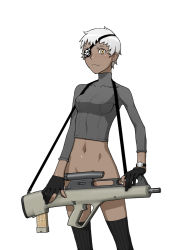 Rule 34 | 1girl, advanced combat rifle (military program), advanced individual weapon system (military program), advanced infantry weapon system (military program), assault rifle, birdcage flash hider, black gloves, black thighhighs, bottomless, breasts, bullpup, burst fire gun, burst fire rifle, censored, closed mouth, convenient censoring, covered collarbone, dark-skinned female, dark skin, double-stack magazine, double-stack single-feed magazine, eyebrows, eyepatch, feet out of frame, female focus, freckles, gloves, gun, gun sling, holding, holding weapon, image sample, lightning holes, looking at viewer, magazine (weapon), military program, momo tai, muzzle device, navel, needlegun, no panties, original, pixiv sample, prototype, prototype design, rifle, scope, shiny skin, short hair, sight (weapon), simple background, single-feed magazine, small breasts, smile, solo, standing, steyr acr, steyr arms, steyr mannlicher, telescopic sight, thighhighs, translucent, turtleneck, very short hair, watch, weapon, white background, white hair, wristwatch, yellow eyes