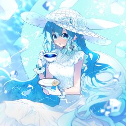Rule 34 | 1girl, blue background, blue eyes, blue hair, commentary request, cowboy shot, cup, cyawa, dress, food, fruit, gloves, hat, highres, holding, holding cup, holding saucer, lemon, lemon slice, long hair, looking at viewer, open mouth, original, parted lips, saucer, sitting, sleeveless, sleeveless dress, solo, teacup, very long hair, white dress, white gloves, white hat
