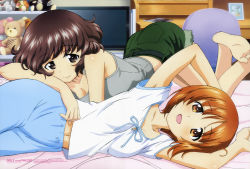 Rule 34 | 10s, 2girls, :d, absurdres, akiyama yukari, animage, barefoot, breasts, brown eyes, brown hair, cleavage, feet, girls und panzer, highres, itou takeshi, lying, multiple girls, navel, nishizumi miho, official art, on bed, on side, open mouth, scan, short hair, shorts, smile, soles, stuffed animal, stuffed toy, sugimoto isao, teddy bear, television