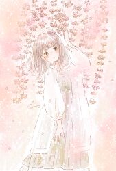 Rule 34 | 1girl, arm up, blush, buttons, closed mouth, cowboy shot, dot mouth, dress, flower, green dress, grey eyes, grey hair, jacket, light particles, long sleeves, looking at viewer, medium hair, momochy, multicolored background, original, pink flower, signature, solo, white jacket