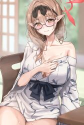 Rule 34 | 1girl, amyu (amm asl pa), bath yukata, black hairband, blue archive, blush, breasts, brown eyes, brown hair, chinatsu (blue archive), closed mouth, commentary request, glasses, hairband, halo, highres, japanese clothes, kimono, large breasts, long hair, looking at viewer, off shoulder, on chair, pointy ears, sitting, sitting sideways, smile, solo, sweat, yukata