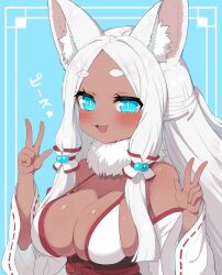 Rule 34 | 1girl, :d, animal ear fluff, animal ears, blue background, blue eyes, blush, breasts, cleavage, commentary, double v, fang, forehead, grey hair, hands up, highres, large breasts, long hair, long sleeves, looking at viewer, open mouth, original, ransusan, ribbon-trimmed sleeves, ribbon trim, short eyebrows, smile, solo, star (symbol), thick eyebrows, translation request, upper body, v, very long hair, wide sleeves