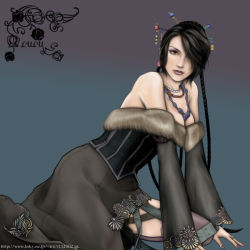 Rule 34 | 00s, 1girl, belt, black hair, breasts, censored, cleavage, dress, earrings, eyeshadow, final fantasy, final fantasy x, hair over one eye, jewelry, lipstick, long hair, lulu (ff10), makeup, medium breasts, mole, mole under mouth, nail polish, necklace, purple nails, red eyes, ring, solo