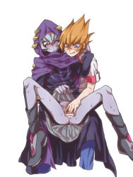 Rule 34 | 1boy, 1girl, :q, blush, censored, clothed sex, clothes lift, fingering, gender request, genderswap, hetero, one eye closed, orange hair, purple eyes, pussy, selfcest, shingetsu rei, skirt, skirt lift, spread legs, sweat, tongue, tongue out, vaginal, vector (yuu-gi-ou zexal), wince, yu-gi-oh!