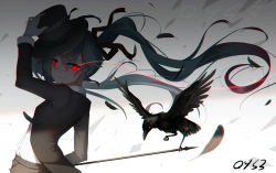 Rule 34 | 1girl, bird, black ribbon, blue hair, blurry, closed mouth, crow, depth of field, feathers, floating hair, from side, gloves, glowing, glowing eyes, hair ribbon, hand on headwear, hat, hatsune miku, holding, jacket, long hair, long sleeves, open clothes, open jacket, qys3, red eyes, revision, ribbon, smile, smirk, solo, top hat, twintails, upper body, very long hair, vocaloid, watermark, white gloves