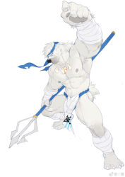 Rule 34 | 1boy, bandaid, bandaid on face, bandaid on nose, bara, bear boy, ben (rollingstonex6), blue fundoshi, blue headband, clenched hand, from above, frown, furry, furry male, headband, highres, jewelry, large pectorals, looking up, male focus, mature male, muscular, muscular male, necklace, original, pectorals, pelvic curtain, polearm, rollingstonex6, shell, shell necklace, short hair, solo, thick eyebrows, translation request, tribal, trident, unfinished, weapon, white hair