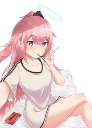 Rule 34 | 1girl, ambriel (arknights), arknights, food, hair ornament, hairclip, halo, highres, jl tan, long hair, looking at viewer, mouth hold, one side up, pink hair, pocky, purple eyes, reaching, reaching towards viewer, shirt, solo, thighs