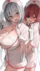 Rule 34 | 2girls, :d, absurdres, bandages, behind another, breasts, dress, eyepatch, gloves, green eyes, grey hair, halloween costume, hana hebi, hands up, hat, heart, heart-shaped pupils, highres, holding, holding stethoscope, hololive, houshou marine, huge breasts, mole, mole on breast, multiple girls, nurse, nurse cap, open clothes, open mouth, open shirt, red eyes, red hair, shirogane noel, short dress, smile, stethoscope, symbol-shaped pupils, virtual youtuber, white gloves