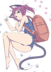 Rule 34 | 1girl, ahoge, animal ears, backpack, bad id, bad twitter id, bag, bare legs, barefoot, blue eyes, cat ears, cat tail, fenrirr, hair ribbon, jpeg artifacts, lying, on side, one-piece swimsuit, paw print, ponytail, purple hair, randoseru, ribbon, school swimsuit, scissors, short hair, solo, swimsuit, tail, torn clothes, torn swimsuit, white background