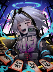 1boy absurdres android armor black_bow black_ribbon blood blue_halo blue_sky blush bow bullet chain closed_eyes commentary_request danganronpa_(series) danganronpa_v3:_killing_harmony explosion grey_hair halo highres hiyashimeso injury k1-b0 male_focus open_mouth pink_blood power_armor ribbon robot_ears short_hair sky smile solo upper_body