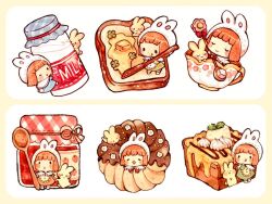 Rule 34 | 1girl, :q, ;o, animal ear headwear, animal ears, beanie, black eyes, blue dress, blush stickers, border, bread, bread slice, brown hair, butter, buttons, capelet, chibi, chocolate icing, clinging, closed eyes, closed mouth, clover, collared dress, commentary request, cup, doughnut, dress, eyelashes, fake animal ears, finger to own chin, flower, food, forehead, four-leaf clover, french cruller, french toast, fruit, green dress, hat, holding, holding spatula, holding spoon, ice cream, icing, in container, in cup, in food, jam, jar, lace-trimmed capelet, lace-trimmed collar, lace trim, long sleeves, milk, mokarooru, multiple views, on food, one eye closed, open mouth, orange dress, original, oversized food, oversized object, rabbit, rabbit ears, rabbit tail, red dress, ribbon-trimmed capelet, ribbon-trimmed dress, ribbon-trimmed headwear, ribbon trim, short hair, simple background, smile, socks, solid circle eyes, spatula, spoon, sprinkles, standing, strawberry, sugar cube, tail, teacup, toast, tongue, tongue out, whipped cream, white background, white capelet, white flower, white socks, yellow border