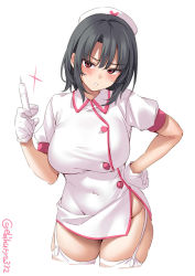 Rule 34 | 1girl, alternate costume, black hair, blush, breasts, collared dress, cowboy shot, cross, dress, ebifurya, garter straps, gloves, hair between eyes, hand on own hip, hat, highres, kantai collection, large breasts, lips, looking at viewer, nurse, nurse cap, one-hour drawing challenge, puffy short sleeves, puffy sleeves, red cross, red eyes, rubber gloves, short dress, short hair, short sleeves, simple background, solo, syringe, takao (kancolle), thighhighs, twitter username, white background, white dress, white gloves, white thighhighs