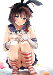 Rule 34 | 1girl, absurdres, ass, black hair, black panties, blue eyes, blush, bow, braid, breasts, closed mouth, clothes lift, cosplay, elbow gloves, flower, gloves, hair bow, hair over shoulder, hair ribbon, hairband, hands on own knees, head tilt, highres, kantai collection, looking at viewer, medium breasts, medium hair, nipples, panties, partially visible vulva, petals, pleated skirt, ribbon, shigure (kancolle), shimakaze (kancolle), shimakaze (kancolle) (cosplay), shirt lift, simple background, single braid, skirt, smile, socks, solo, squatting, striped clothes, striped socks, umakuchi shouyu, underwear, wet, white gloves