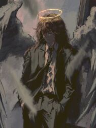 Rule 34 | 1boy, androgynous, angel devil (chainsaw man), angel wings, black jacket, black necktie, chainsaw man, closed eyes, collared shirt, dress shirt, feathered wings, halo, hands in pockets, highres, jacket, long hair, male focus, necktie, red hair, shiej007, shirt, suit jacket, white shirt, white wings, wings