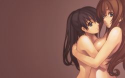 Rule 34 | 00s, 2girls, ar tonelico, ar tonelico i, aurica nestmile, black hair, blue eyes, breast press, breasts, brown hair, cling, gust, highres, misha arsellec lune, multiple girls, nagi ryou, nude, official art, official wallpaper, symmetrical docking, wallpaper, yuri