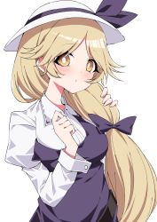 Rule 34 | 1girl, blonde hair, blouse, bow, commission, hair bow, hand in own hair, hat, highres, long hair, long sleeves, looking at viewer, parted bangs, purple bow, shirt, simple background, skeb commission, solo, touhou, tsukimirin, very long hair, watatsuki no toyohime, white background, white hat, white shirt, yellow eyes