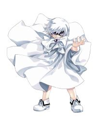 Rule 34 | 1boy, dong hole, evil smile, floating clothes, floating hair, hair between eyes, highres, konjiki no gash!!, outstretched arm, purple eyes, ribbon, shaded face, sharp teeth, shirt, short hair, simple background, smile, solo, teeth, white background, white footwear, white hair, white ribbon, white shirt, zeon bell