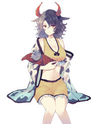 Rule 34 | 1girl, animal ears, animal print, bare shoulders, black bow, black hair, bow, bow bra, bra, breasts, closed mouth, cow print, grey hair, hair between eyes, hand up, highres, horns, jacket, long sleeves, looking to the side, medium breasts, multicolored hair, navel, open mouth, ox ears, red eyes, shorts, simple background, sitting, smile, solo, split-color hair, stomach, touhou, two-tone hair, underwear, uranaishi (miraura), ushizaki urumi, white background, white jacket, white sleeves, wide sleeves, yellow bra, yellow shorts