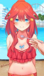Rule 34 | 1girl, amusement park, arms behind back, bare shoulders, bikini, bikini top only, blue eyes, blush, breasts, cleavage, closed mouth, collarbone, commentary request, feeding, food, food on body, food on breasts, frilled bikini, frilled bikini top, frills, fumazu9, go-toubun no hanayome, hair between eyes, hair ornament, halterneck, high ponytail, highres, ice cream, large breasts, long hair, looking at viewer, nakano itsuki, navel, ponytail, pool, pout, red bikini, red hair, red sarong, roller coaster, sarong, sidelocks, solo, spoon, standing, star (symbol), star hair ornament, stomach, sweatdrop, swimsuit, tree, twitter username, water, water slide