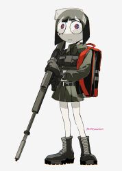 Rule 34 | 1girl, backpack, bag, black footwear, black hair, black shirt, black skirt, black vest, blue eyes, boots, bulletproof vest, collared shirt, full body, goggles, goggles on head, highres, looking at viewer, pleated skirt, pomni (the amazing digital circus), red bag, red eyes, shirt, short hair, skirt, solo, sonokare, the amazing digital circus, two-tone eyes, vest, weapon request