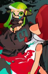 Rule 34 | 2girls, absurdres, agent 3 (splatoon), agent 8 (splatoon), bare shoulders, black cape, cape, colored tongue, frown, green eyes, green hair, green tongue, headgear, high-visibility vest, highres, inari1369, inkling, inkling girl, inkling player character, long hair, long sleeves, looking at another, multiple girls, nintendo, octoling, octoling girl, octoling player character, open mouth, red hair, sitting, splatoon (series), splatoon 2, splatoon 2: octo expansion, squidbeak splatoon, suction cups, tentacle hair, torn cape, torn clothes