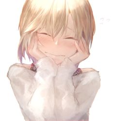 Rule 34 | 1girl, aiba yumi, bare shoulders, blonde hair, blush, commentary request, closed eyes, flying sweatdrops, hands on own cheeks, hands on own face, holysnow, idolmaster, idolmaster cinderella girls, off-shoulder, off-shoulder sweater, short hair, simple background, smile, solo, sweater, upper body, wavy mouth