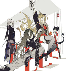 Rule 34 | 4girls, abstract background, alternate costume, animal ears, arknights, armband, bear ears, black coat, black footwear, black hair, black jacket, black legwear, black shirt, blonde hair, blunt bangs, bright pupils, brown pants, buttons, ch&#039;en (ageless afterglow) (arknights), ch&#039;en (arknights), chinese clothes, clothing cutout, coat, commentary, dragon horns, dragon tail, dress, feet out of frame, full body, fur-trimmed jacket, fur trim, green hair, grey eyes, grey hair, grey skirt, hair bun, hair up, highres, horns, hoshiguma (arknights), jacket, limited palette, lin (arknights), long hair, long sleeves, looking at viewer, moa (fade64222), multicolored hair, multiple girls, oni, open mouth, pants, pantyhose, parted lips, pleated skirt, red dress, serious, sheath, shirt, shoes, shoulder cutout, sidelocks, single hair bun, single horn, skirt, sleeveless, sleeveless dress, smile, sneakers, streaked hair, swire (arknights), sword, symbol-only commentary, tail, tailcoat, teeth, thighhighs, tiger ears, upper teeth only, very long hair, weapon, white background, white pupils, yellow eyes
