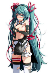 Rule 34 | 1girl, aqua eyes, aqua hair, black gloves, blouse, blush, breasts, cleavage, covering privates, covering breasts, cowboy shot, elbow gloves, female focus, gloves, hatsune miku, highres, long hair, matching hair/eyes, medium breasts, no bra, number tattoo, one eye closed, panties, project diva (series), shirt, short shorts, shorts, simple background, solo, standing, sweat, tattoo, thigh strap, thighhighs, torn clothes, torn gloves, torn shirt, torn shorts, torn thighhighs, tsukishiro saika, twintails, underwear, very long hair, vocaloid, white background, white panties, white thighhighs