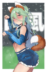 Rule 34 | 1girl, animal ears, aqua eyes, blue skirt, blush, cheerleader, closed mouth, cowboy shot, fox ears, fox tail, frilled skirt, frills, from side, green hair, hair between eyes, hair ornament, hairclip, highres, hokkaido nippon-ham fighters, jewelry, kantai collection, kitsune dance, long hair, looking at viewer, nippon professional baseball, pleated skirt, ponytail, ring, sidelocks, skirt, solo, suzuki toto, tail, wedding ring, yamakaze (kancolle)