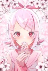 Rule 34 | 1girl, aiu eika, blush, bow hairband, cherry blossoms, covering own mouth, flipped hair, flower, hair ornament, hairband, hairclip, holding, holding flower, kagamine rin, long sleeves, looking at viewer, pink eyes, pink hair, sailor collar, sakura rin, shirt, short hair, sleeveless, sleeveless shirt, solo, upper body, vocaloid