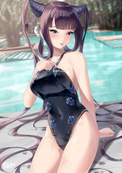 Rule 34 | 1girl, bare shoulders, black one-piece swimsuit, blue eyes, blunt bangs, blush, breasts, closed mouth, collarbone, covered navel, fate/grand order, fate (series), hair ornament, highleg, highleg swimsuit, highres, large breasts, leaf hair ornament, long hair, looking at viewer, one-piece swimsuit, pool, poolside, shirosaba, smile, solo, swimsuit, thighs, tongue, tongue out, twintails, very long hair, water, yang guifei (fate), yang guifei (second ascension) (fate)