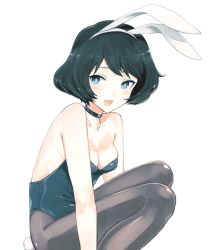 Rule 34 | 10s, 1girl, animal ears, bare shoulders, black eyes, black hair, black pantyhose, blush, breasts, cleavage, commentary, fake animal ears, fake tail, fang, from side, girls und panzer, leotard, light blush, lips, looking at viewer, medium breasts, open mouth, pantyhose, playboy bunny, rabbit ears, rabbit tail, short hair, simple background, smile, solo, squatting, swept bangs, tail, umiu (hoge), utsugi yuuki, white background