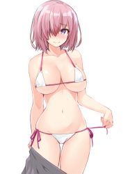 Rule 34 | 1girl, adapted costume, bare shoulders, bikini, blush, breasts, collarbone, fate (series), hair over one eye, highres, hip focus, large breasts, light purple hair, looking at viewer, mash kyrielight, mash kyrielight (swimsuit of perpetual summer), navel, official alternate costume, purple eyes, short hair, shunichi, side-tie bikini bottom, simple background, smile, solo, standing, swimsuit, thighs, white background, white bikini