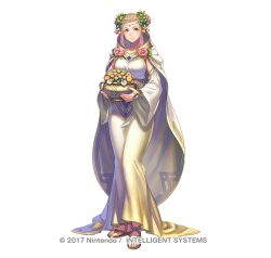 Rule 34 | 1girl, alternate costume, alternate hairstyle, anbe yoshirou, blonde hair, blue gemstone, cape, circlet, collarbone, commentary request, detached sleeves, dress, female focus, fire emblem, fire emblem heroes, flower, full body, gem, gold trim, gradient hair, green eyes, hair flower, hair ornament, henriette (fire emblem), holding, jewelry, long dress, looking at viewer, mature female, multicolored hair, nintendo, pink hair, rose, sandals, shadow, simple background, smile, solo, standing, taut clothes, taut dress, vase, watermark, white background, white cape, white dress, wide sleeves