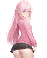 Rule 34 | 1girl, absurdres, ass, black skirt, blue eyes, blush, bocchi the rock!, commentary request, cube hair ornament, from behind, gotoh hitori, hair between eyes, hair ornament, heavy breathing, highres, jacket, karin (fineyanny), long sleeves, looking at viewer, looking back, one side up, parted lips, pink hair, pink jacket, pleated skirt, simple background, skirt, solo, sweat, track jacket, wavy mouth, white background