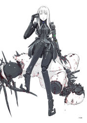 Rule 34 | 1girl, arm up, black bodysuit, blame!, blunt bangs, bodysuit, cibo, colored skin, cyberpunk, cyborg, damaged, defeat, expressionless, full body, greyscale, highres, joints, long hair, long legs, looking at viewer, mechanical arms, mechanical hands, mechanical legs, monochrome, nihei tsutomu, pale skin, robot, robot joints, safeguard (blame!), single mechanical arm, single mechanical hand, sitting, solo, spot color, tall, tall female, white eyes, white skin