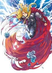 Rule 34 | 1boy, animification, armor, blonde hair, blue eyes, blue flower, blue rose, cape, electricity, flower, flying, head wings, lan79627, long hair, male focus, marvel, red cape, rose, scale armor, solo, thor (marvel), thor (series), wings