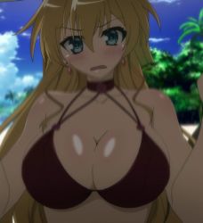 Rule 34 | 10s, 1girl, blonde hair, blue eyes, bra, breasts, claire harvey, cleavage, highres, huge breasts, hundred (light novel), large breasts, long hair, screencap, solo, stitched, third-party edit, underwear