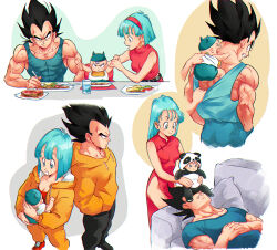 Rule 34 | absurdres, amachu a, animal costume, aqua eyes, aqua hair, aqua tank top, baby, black hair, breasts, bulma, carrying, china dress, chinese clothes, cleavage, clenched teeth, commentary, couch, covered abs, cross scar, crying, dragon ball, dragonball z, dress, eating, english commentary, family, father and son, hairband, hands in pockets, highres, hood, hooded sweater, hoodie, horned hat, husband and wife, jacket, lying, medium breasts, mother and son, on back, open mouth, orange hoodie, orange jacket, orange sweater, panda costume, red dress, red hairband, scar, scar on arm, short hair, side slit, sweater, tank top, teeth, trunks (dragon ball), vegeta