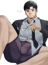 Rule 34 | 1boy, bara, black hair, black necktie, black suit, boxers, bulge, collared shirt, erection, erection under clothes, unworn eyewear, facial hair, feet out of frame, foreshortening, formal, frown, glasses, goatee, goburin second, grey male underwear, highres, long sideburns, looking at viewer, loose necktie, male focus, male underwear, mature male, midriff peek, muscular, muscular male, necktie, no pants, original, paid reward available, shirt, short hair, sideburns, solo, spread legs, striped suit, suit, thick eyebrows, thick thighs, thighs, underwear