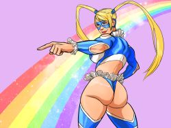 Rule 34 | 1girl, ass, bare shoulders, blonde hair, blue eyes, breasts, devantr&eacute;, devantre, long hair, mask, pointing, rainbow, rainbow mika, shoulder cutout, solo, street fighter, street fighter v, twintails, wrestling outfit