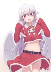 Rule 34 | 1girl, albino, angel, angel wings, blush, commentary, detached sleeves, feathered wings, hair between eyes, hair ornament, hairclip, halo, hands up, highres, kawama shuusuke, long hair, low wings, navel, open mouth, original, red eyes, red ribbon, ribbon, santa costume, simple background, solo, very long hair, white hair, white wings, wind, wind lift, wings